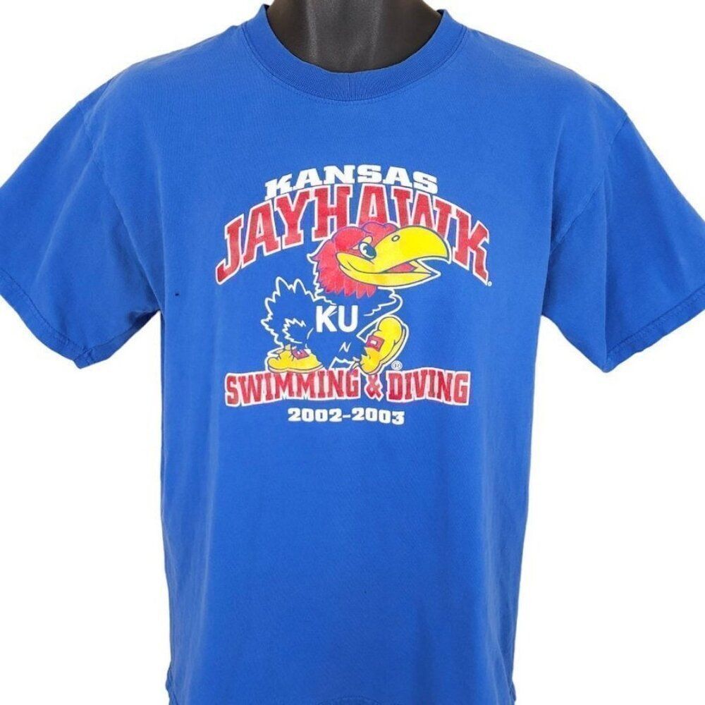 Vintage Kansas Jayhawks T Shirt Mens Size Medium Blue Y2K Swimming & Diving